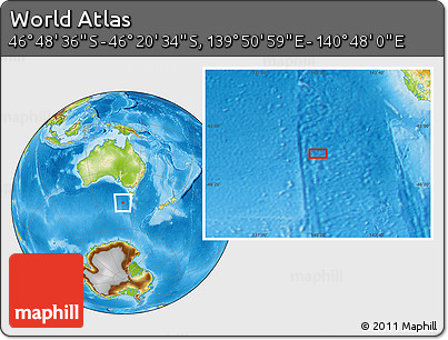 Physical Location Map of the Area around 46° 34' 35" S, 140° 19' 29" E