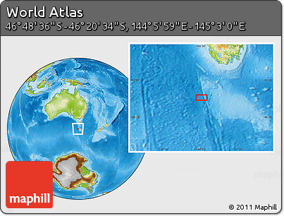 Physical Location Map of the Area around 46° 34' 35" S, 144° 34' 29" E