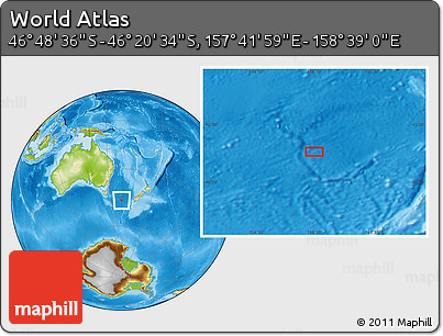 Physical Location Map of the Area around 46° 34' 35" S, 158° 10' 30" E