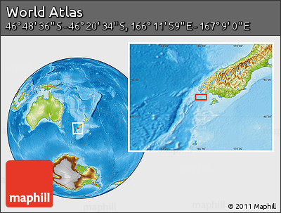Physical Location Map of the Area around 46° 34' 35" S, 166° 40' 30" E