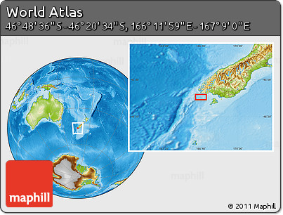 Physical Location Map of the Area around 46° 34' 35" S, 166° 40' 30" E