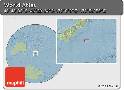 Savanna Style Location Map of the Area around 46° 34' 35" S, 173° 28' 29" E, hill shading