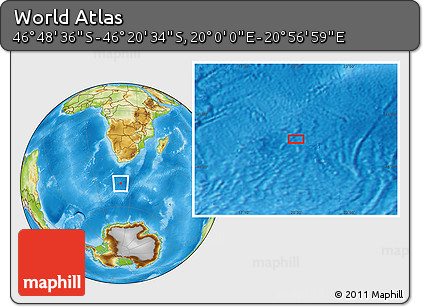 Physical Location Map of the Area around 46° 34' 35" S, 20° 28' 30" E