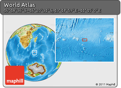 Physical Location Map of the Area around 46° 34' 35" S, 44° 16' 29" E