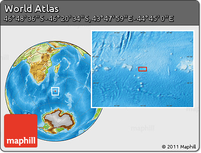 Physical Location Map of the Area around 46° 34' 35" S, 44° 16' 29" E