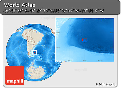 Shaded Relief Location Map of the Area around 46° 34' 35" S, 54° 19' 30" W