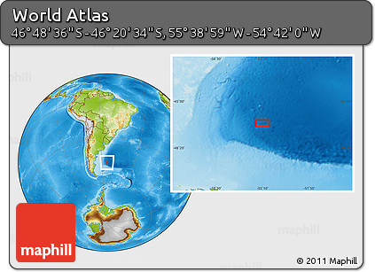 Physical Location Map of the Area around 46° 34' 35" S, 55° 10' 29" W