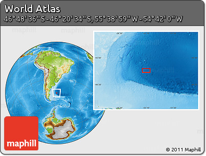 Physical Location Map of the Area around 46° 34' 35" S, 55° 10' 29" W