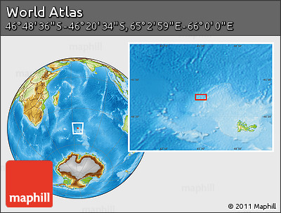 Physical Location Map of the Area around 46° 34' 35" S, 65° 31' 30" E