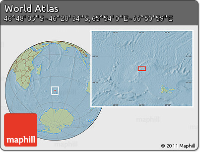 Savanna Style Location Map of the Area around 46° 34' 35" S, 66° 22' 30" E, hill shading