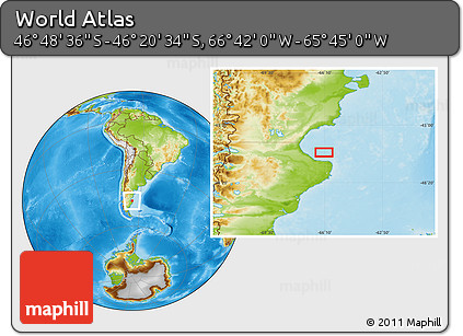 Physical Location Map of the Area around 46° 34' 35" S, 66° 13' 29" W