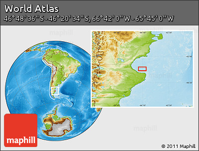 Physical Location Map of the Area around 46° 34' 35" S, 66° 13' 29" W