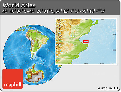 Physical Location Map of the Area around 46° 34' 35" S, 66° 13' 29" W