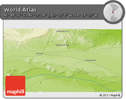 Physical 3D Map of the Area around 46° 34' 35" S, 68° 46' 30" W
