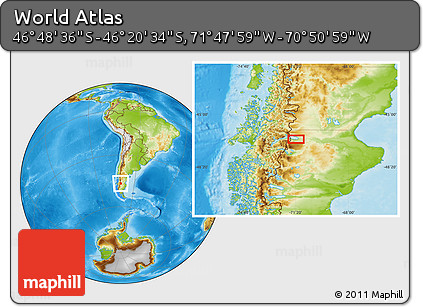 Physical Location Map of the Area around 46° 34' 35" S, 71° 19' 29" W