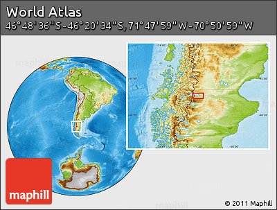 Physical Location Map of the Area around 46° 34' 35" S, 71° 19' 29" W
