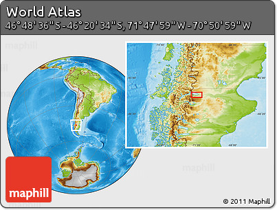 Physical Location Map of the Area around 46° 34' 35" S, 71° 19' 29" W