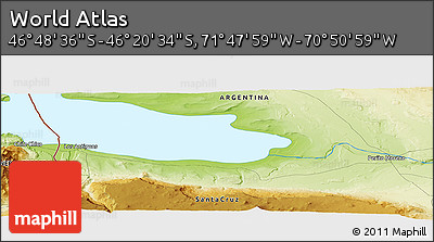 Physical Panoramic Map of the Area around 46° 34' 35" S, 71° 19' 29" W