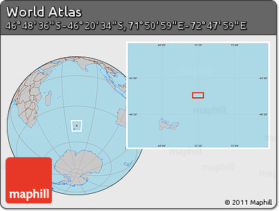 Gray Location Map of the Area around 46° 34' 35" S, 72° 19' 29" E