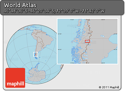 Gray Location Map of the Area around 46° 34' 35" S, 72° 10' 30" W