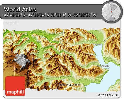 Physical 3D Map of the Area around 46° 34' 35" S, 73° 1' 30" W