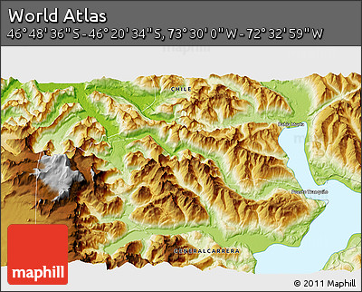Physical 3D Map of the Area around 46° 34' 35" S, 73° 1' 30" W