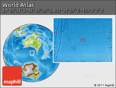 Physical Location Map of the Area around 46° 59' 36" S, 132° 40' 30" E