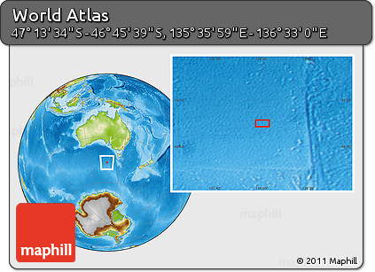 Physical Location Map of the Area around 46° 59' 36" S, 136° 4' 29" E