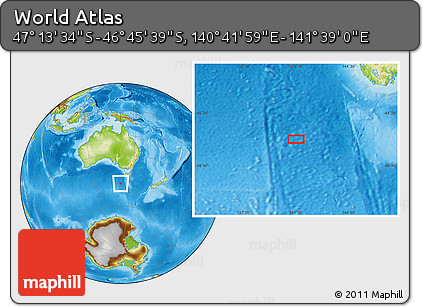 Physical Location Map of the Area around 46° 59' 36" S, 141° 10' 30" E