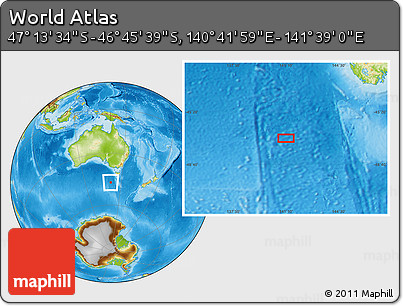 Physical Location Map of the Area around 46° 59' 36" S, 141° 10' 30" E
