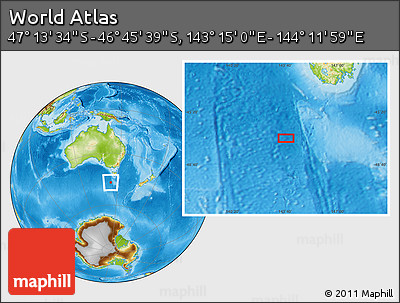 Physical Location Map of the Area around 46° 59' 36" S, 143° 43' 29" E