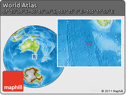 Physical Location Map of the Area around 46° 59' 36" S, 143° 43' 29" E