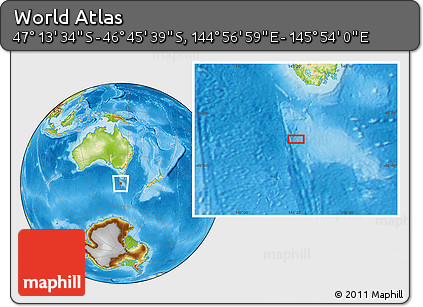 Physical Location Map of the Area around 46° 59' 36" S, 145° 25' 30" E