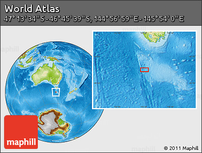 Physical Location Map of the Area around 46° 59' 36" S, 145° 25' 30" E