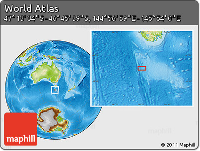 Physical Location Map of the Area around 46° 59' 36" S, 145° 25' 30" E