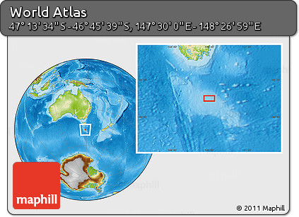 Physical Location Map of the Area around 46° 59' 36" S, 147° 58' 29" E