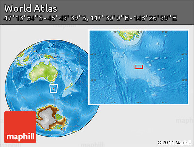 Physical Location Map of the Area around 46° 59' 36" S, 147° 58' 29" E