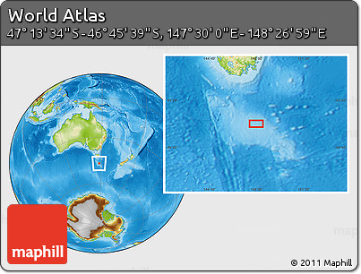 Physical Location Map of the Area around 46° 59' 36" S, 147° 58' 29" E