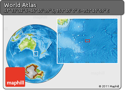 Physical Location Map of the Area around 46° 59' 36" S, 152° 13' 29" E