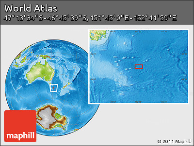 Physical Location Map of the Area around 46° 59' 36" S, 152° 13' 29" E