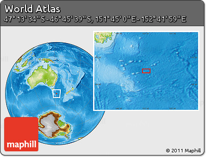 Physical Location Map of the Area around 46° 59' 36" S, 152° 13' 29" E