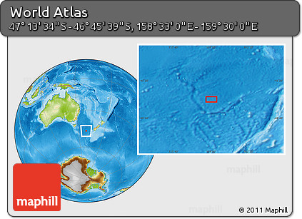 Physical Location Map of the Area around 46° 59' 36" S, 159° 1' 30" E