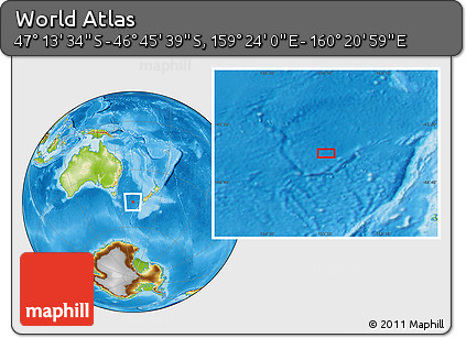 Physical Location Map of the Area around 46° 59' 36" S, 159° 52' 30" E