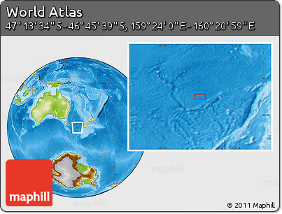 Physical Location Map of the Area around 46° 59' 36" S, 159° 52' 30" E