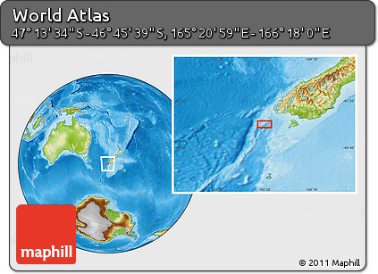 Physical Location Map of the Area around 46° 59' 36" S, 165° 49' 29" E