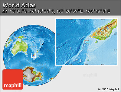 Physical Location Map of the Area around 46° 59' 36" S, 165° 49' 29" E