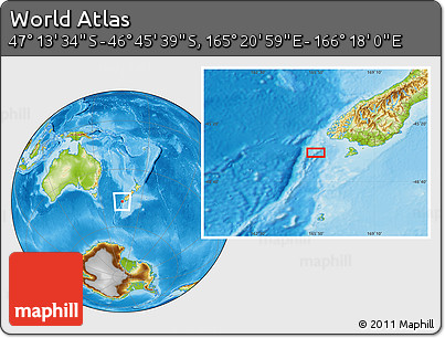 Physical Location Map of the Area around 46° 59' 36" S, 165° 49' 29" E