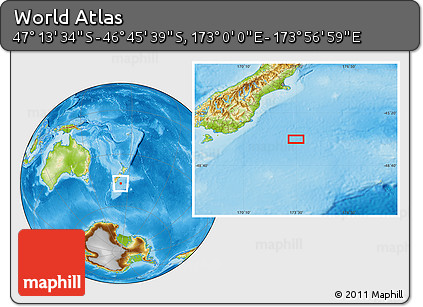 Physical Location Map of the Area around 46° 59' 36" S, 173° 28' 29" E