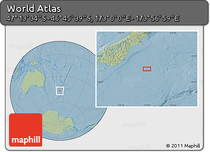 Savanna Style Location Map of the Area around 46° 59' 36" S, 173° 28' 29" E, hill shading