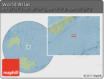 Savanna Style Location Map of the Area around 46° 59' 36" S, 173° 28' 29" E, hill shading